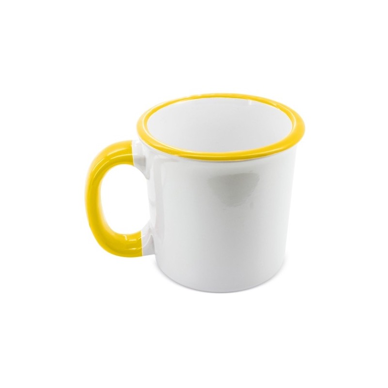 TAZA RETRO CERAMICA SUBLIMACION BORDE Y ASA AMARILLA